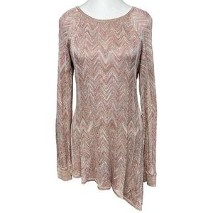 INC Gold Metallic Pink Chevron Knit Sweater Dress Asymmetrical Hem Large